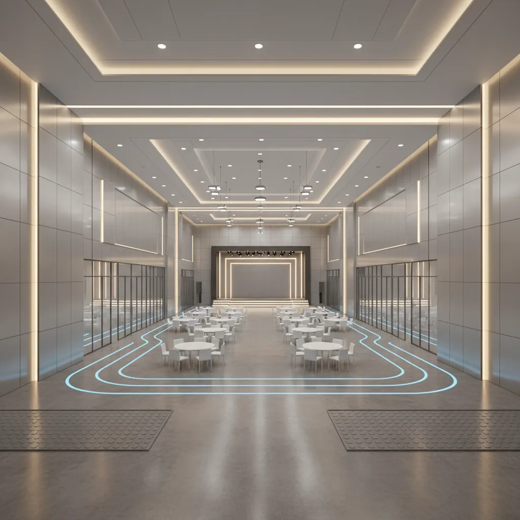 Event hall layout showing safe flooring zones and fire resistant wall areas