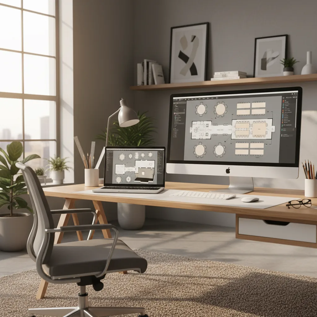 Modern office desk showing event layout design software on computer screen and laptop with chair