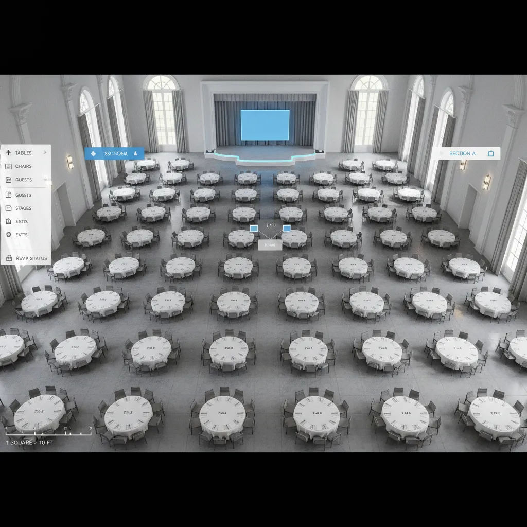 Digital seating layout plan for a banquet event displayed on a planning interface