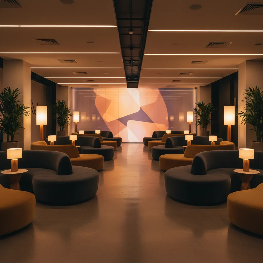 Modern lounge with curved grey and yellow sofas small table lamps plants and large light screen