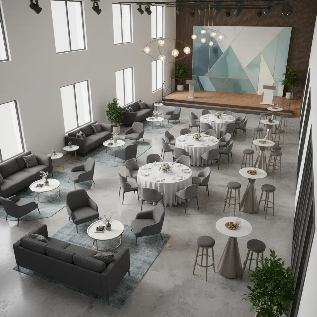 Event space divided into zones for dining mingling and entertainment for a 50 guest party