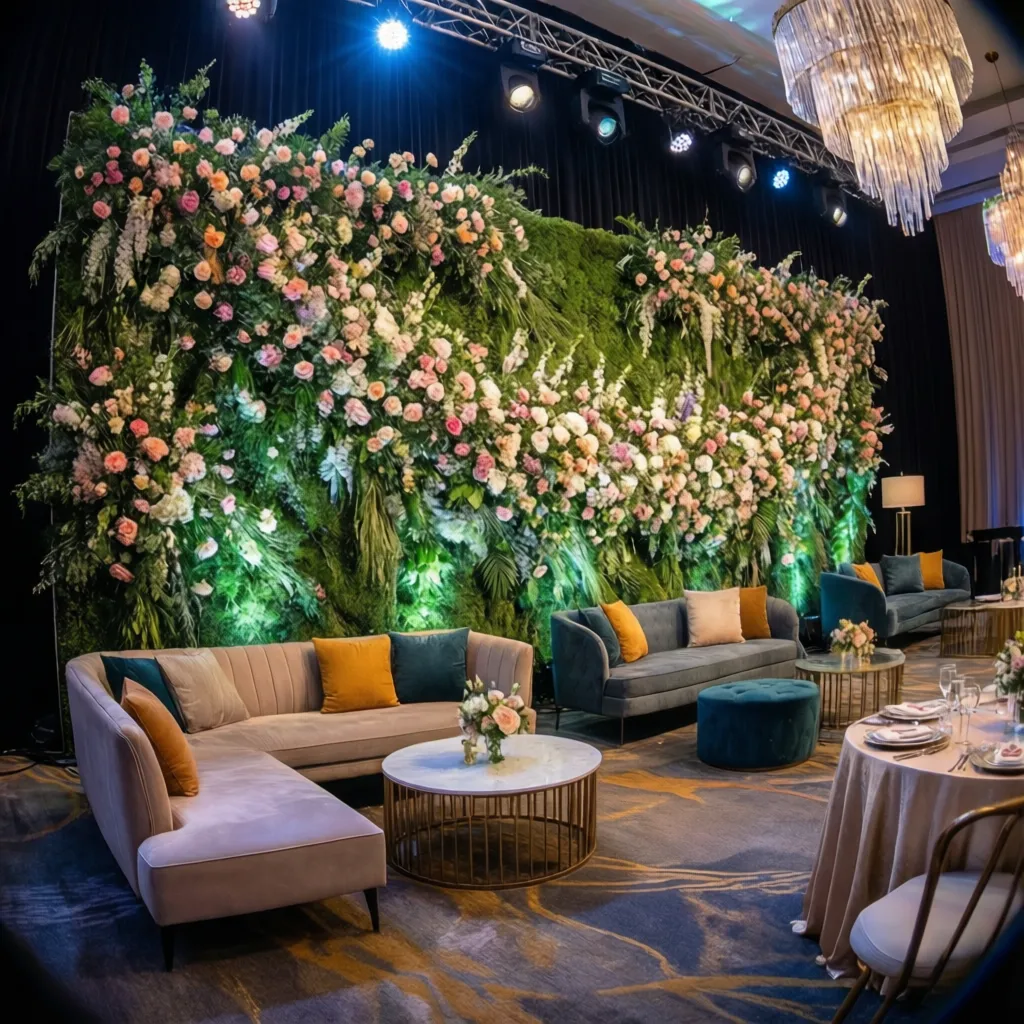 Large flower wall backdrop with pink roses behind velvet sofas, round coffee tables, and lights
