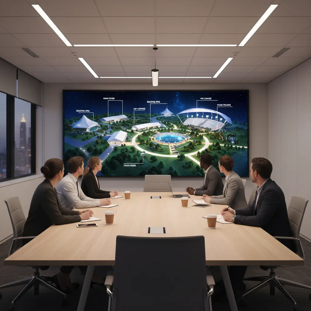 Event planning team reviewing venue layout together on large digital screen