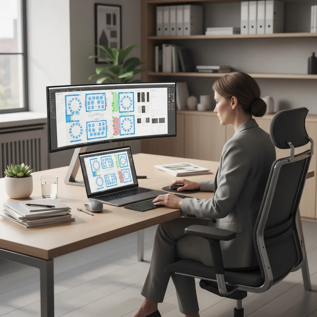 Event planner reviewing a digital floor plan layout for a banquet hall