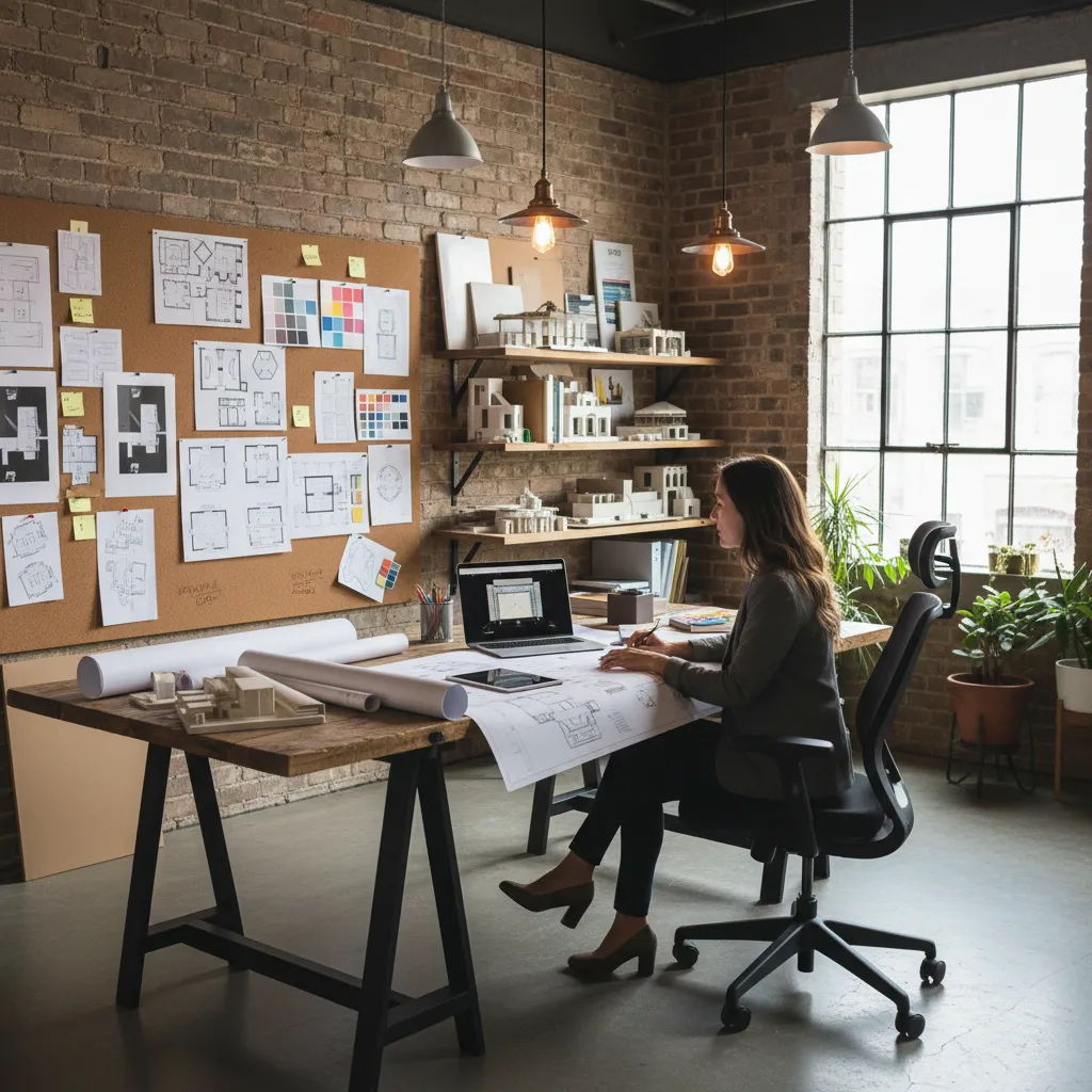 Planificador de eventos trabajando con planos y ordenador portátil