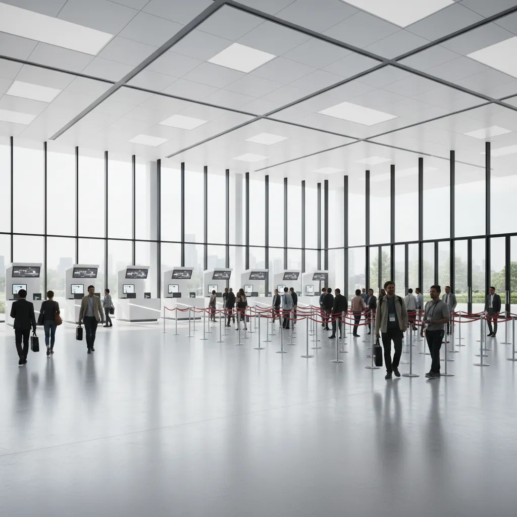 organized convention hall entrance with registration counters and queue zones