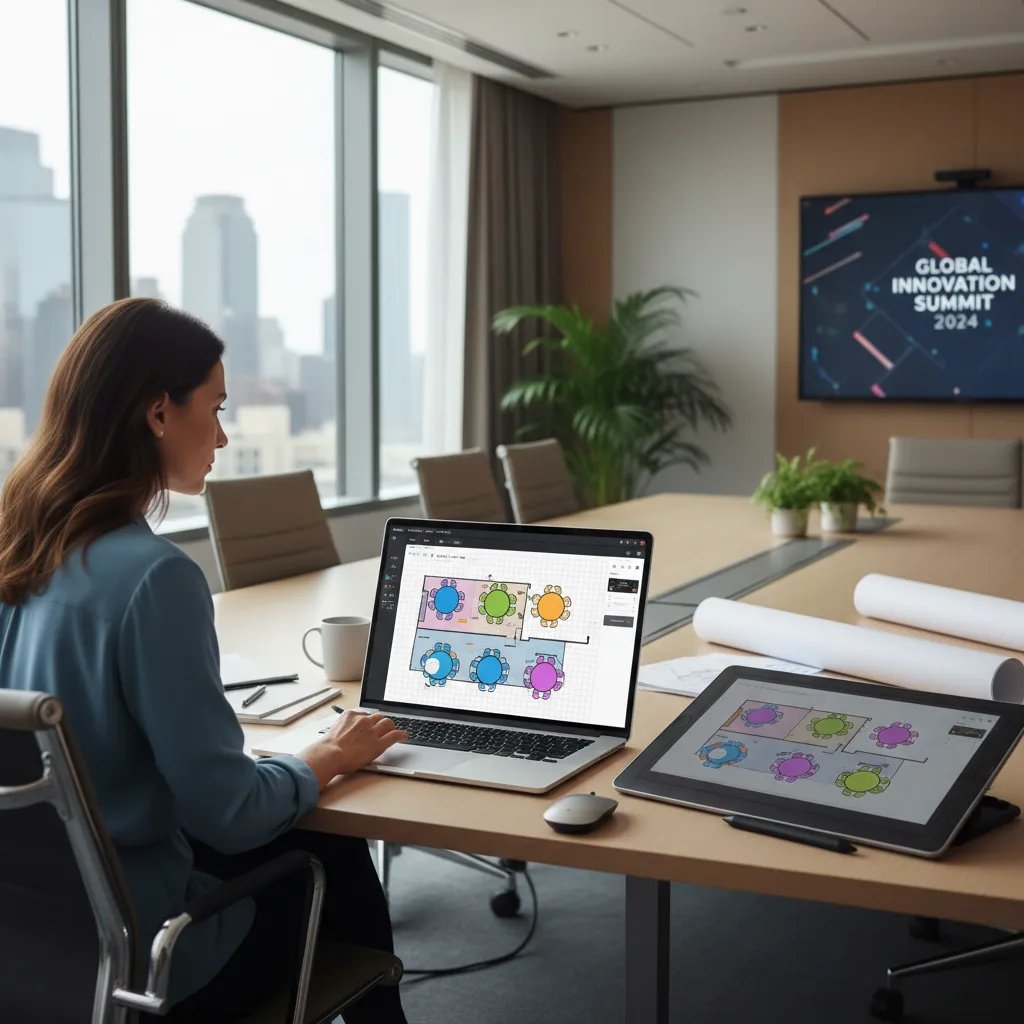 event planner using digital room layout planning software on laptop