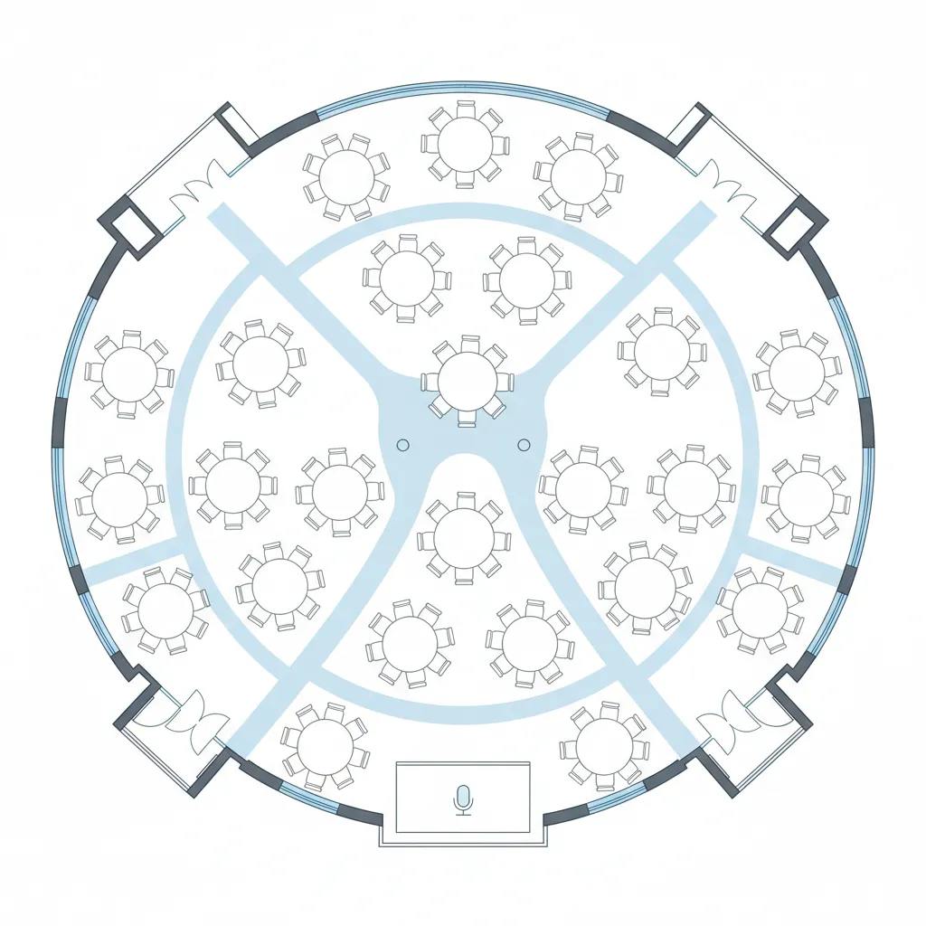 Top view event seating floor plan with tables stage and guest pathways