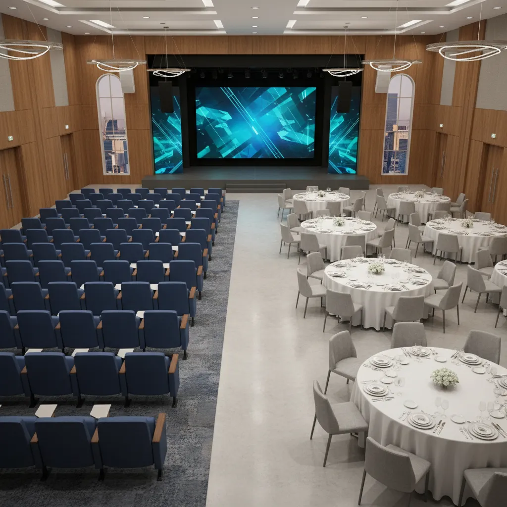Comparison of theater seating and banquet table event layouts in a conference hall