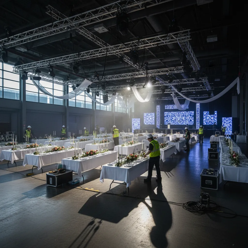 Equipo montando iluminación y mobiliario para un evento