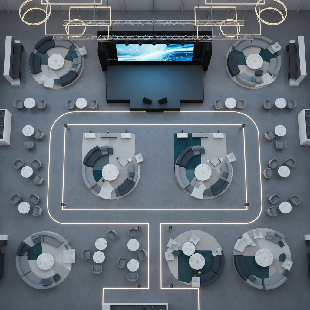 Interior design drawing of event room layout showing round tables, curved sofas, stage, and lights