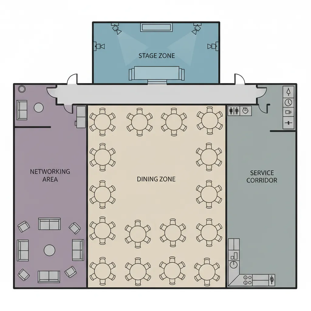 Event venue zoning diagram showing stage dining and networking areas
