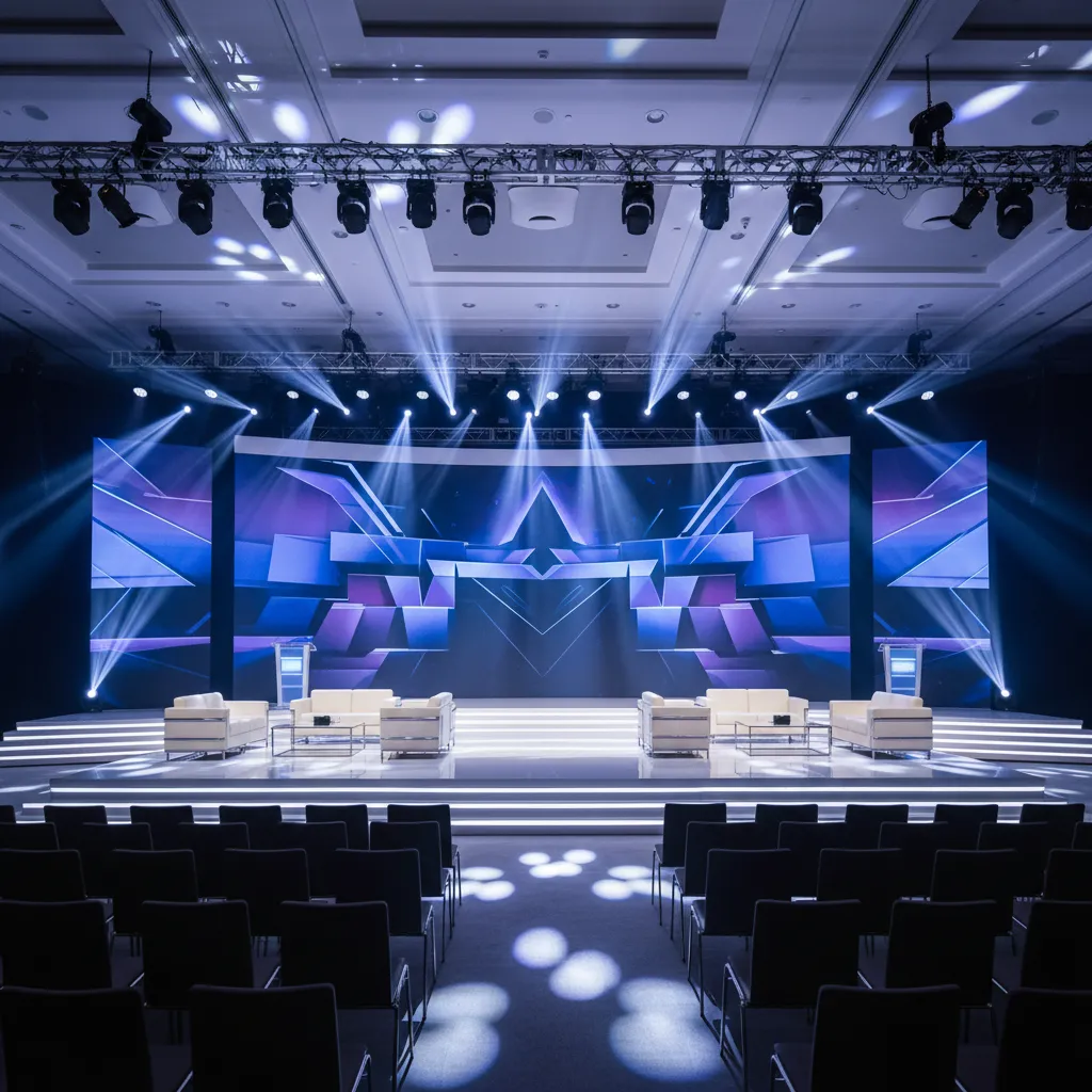 Large event stage with big screens, white sofas, bright stage lights, and rows of chairs