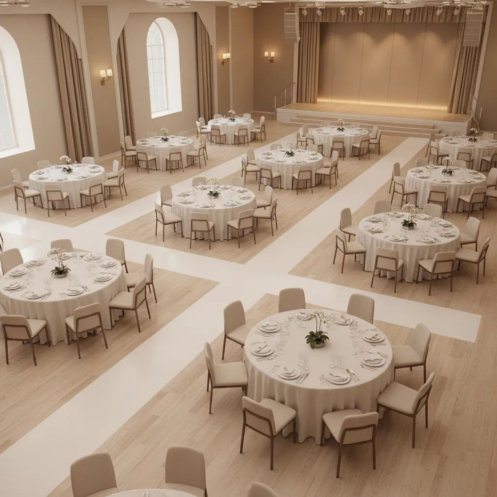 Round tables spaced properly in an event venue showing clear walking paths