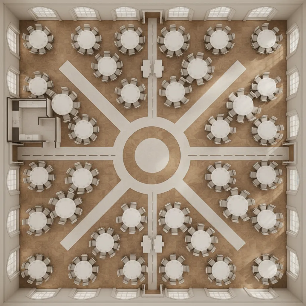 A top-down view of a large event hall with round dining tables and white walkways