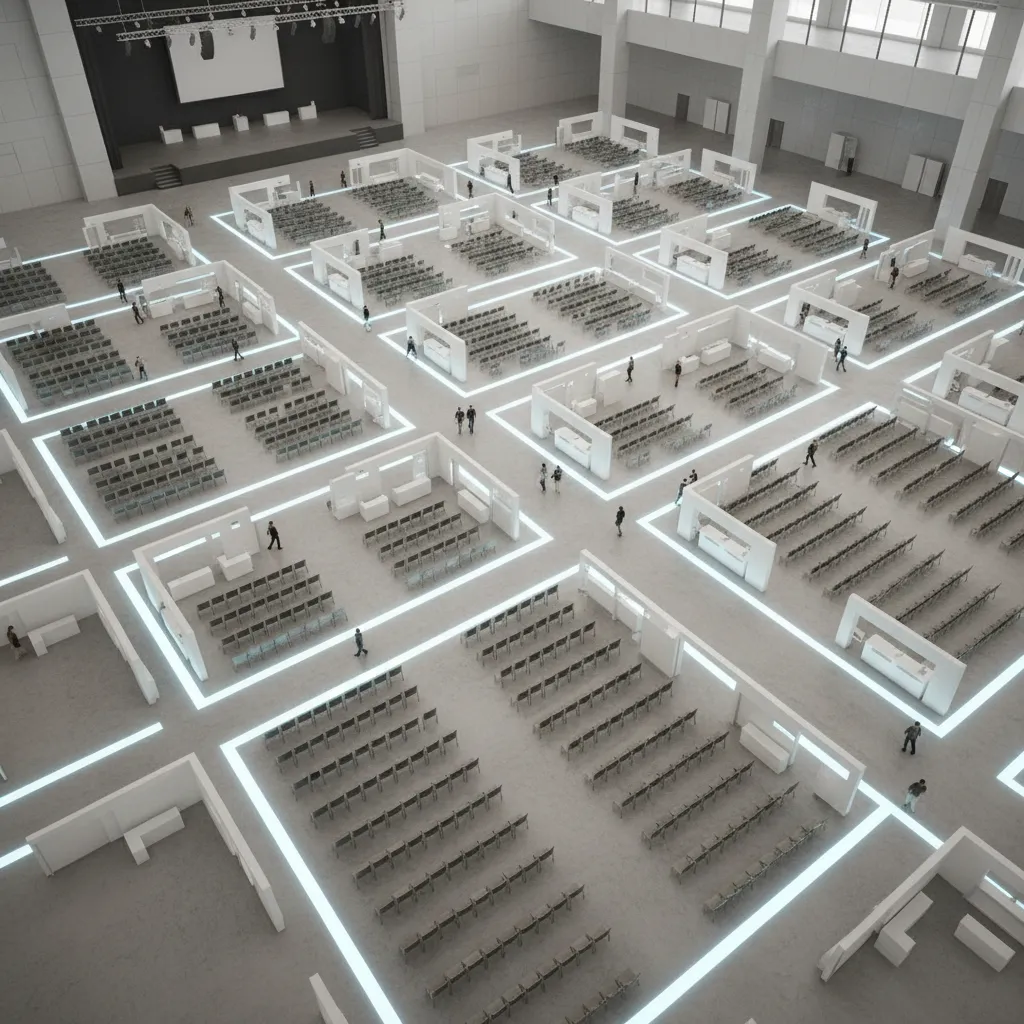 Event floor plan showing wide walkways and circulation paths between seating and booths