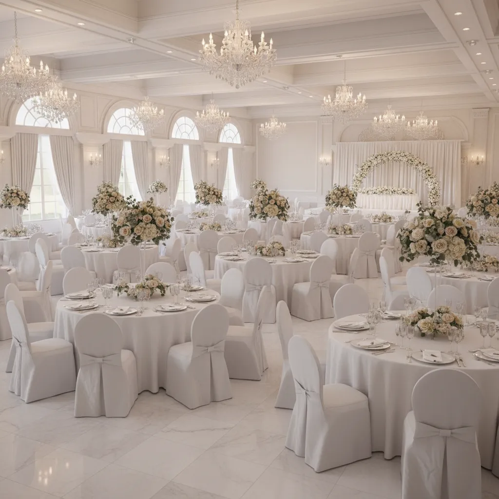 Wedding reception setup with white slipcovers on rounded dining chairs