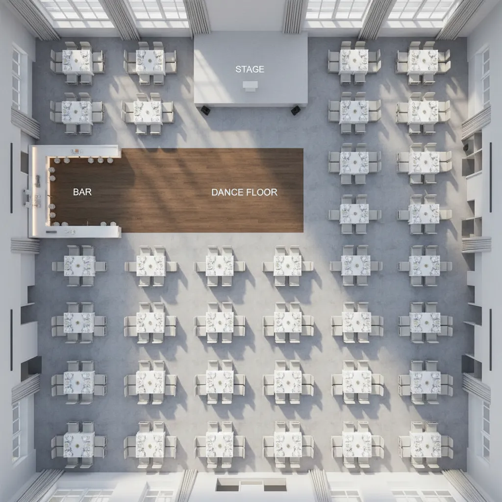 3D visualization of an event venue layout with labeled zones and table arrangements