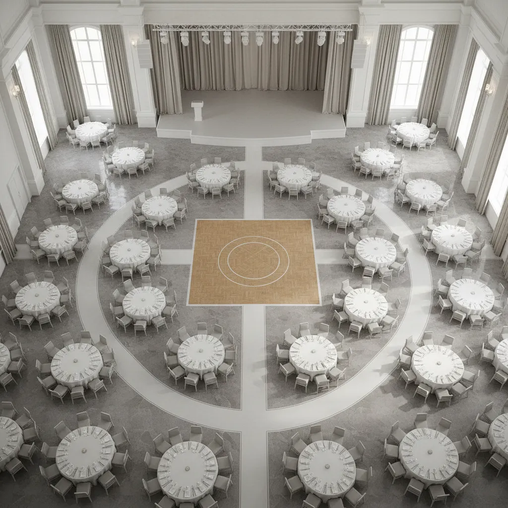 Top view event venue floor plan with tables stage and walking paths