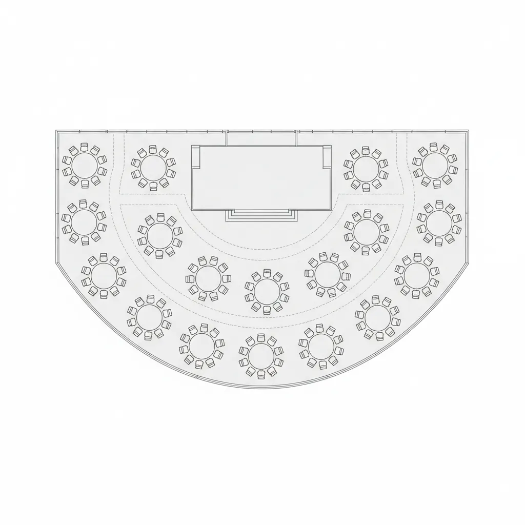 Scaled event venue floor plan diagram showing tables stage and pathways