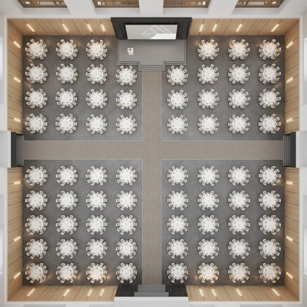 top view banquet hall seating layout with tables stage and walkways