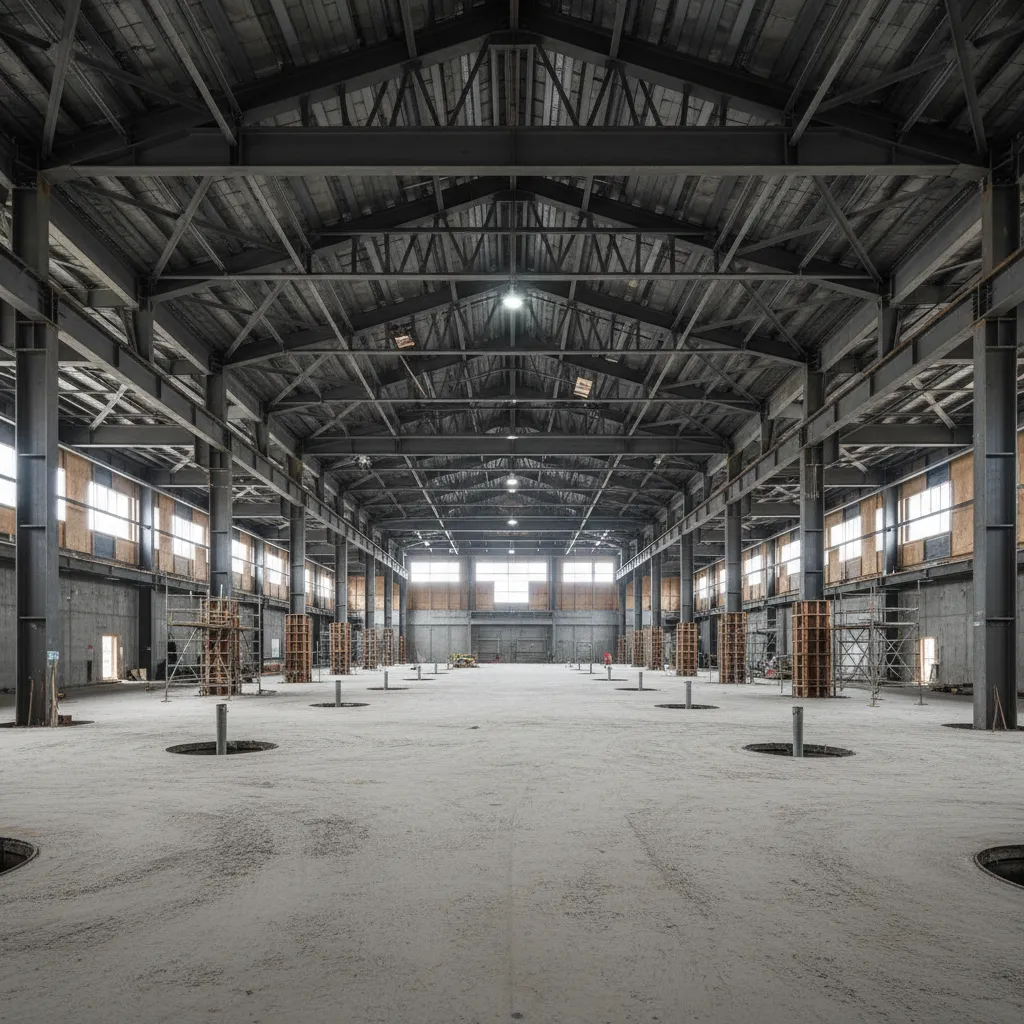 construction view of large event venue structural framework with steel beams and open floor space
