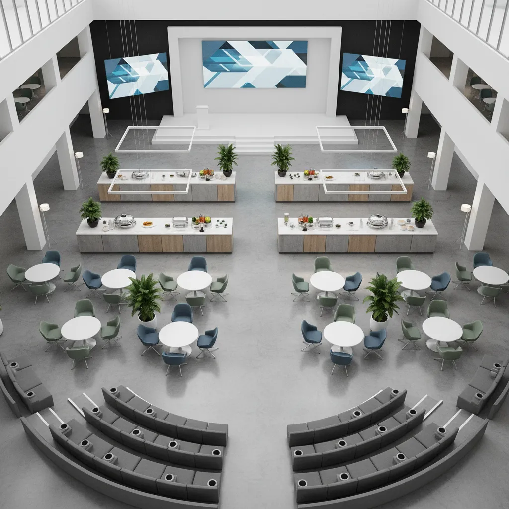 Event layout showing zones for stage seating networking and food stations