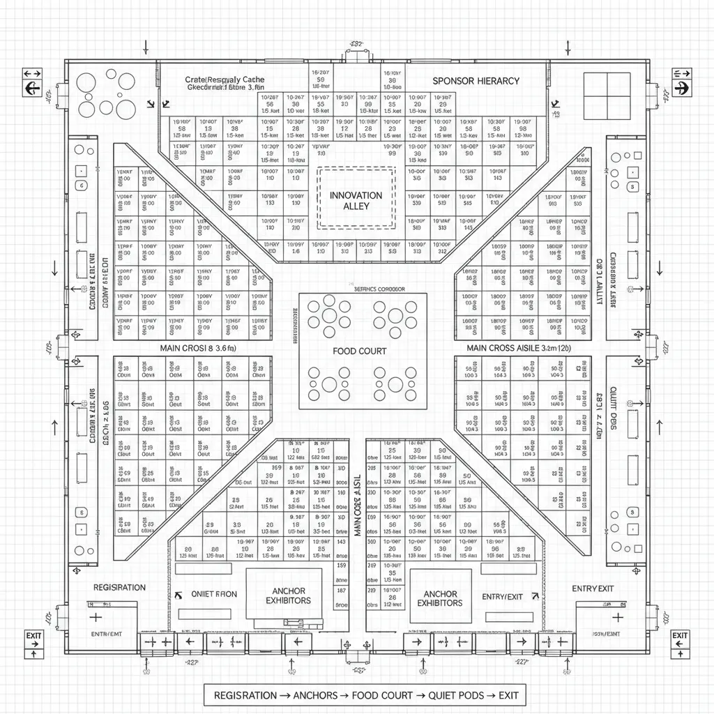 Expo grid plan with 10x10 and 10x20 booths and 12-foot cross aisles