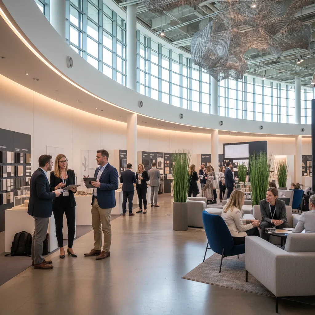 Profesionales del diseño conversando en un evento de interiorismo