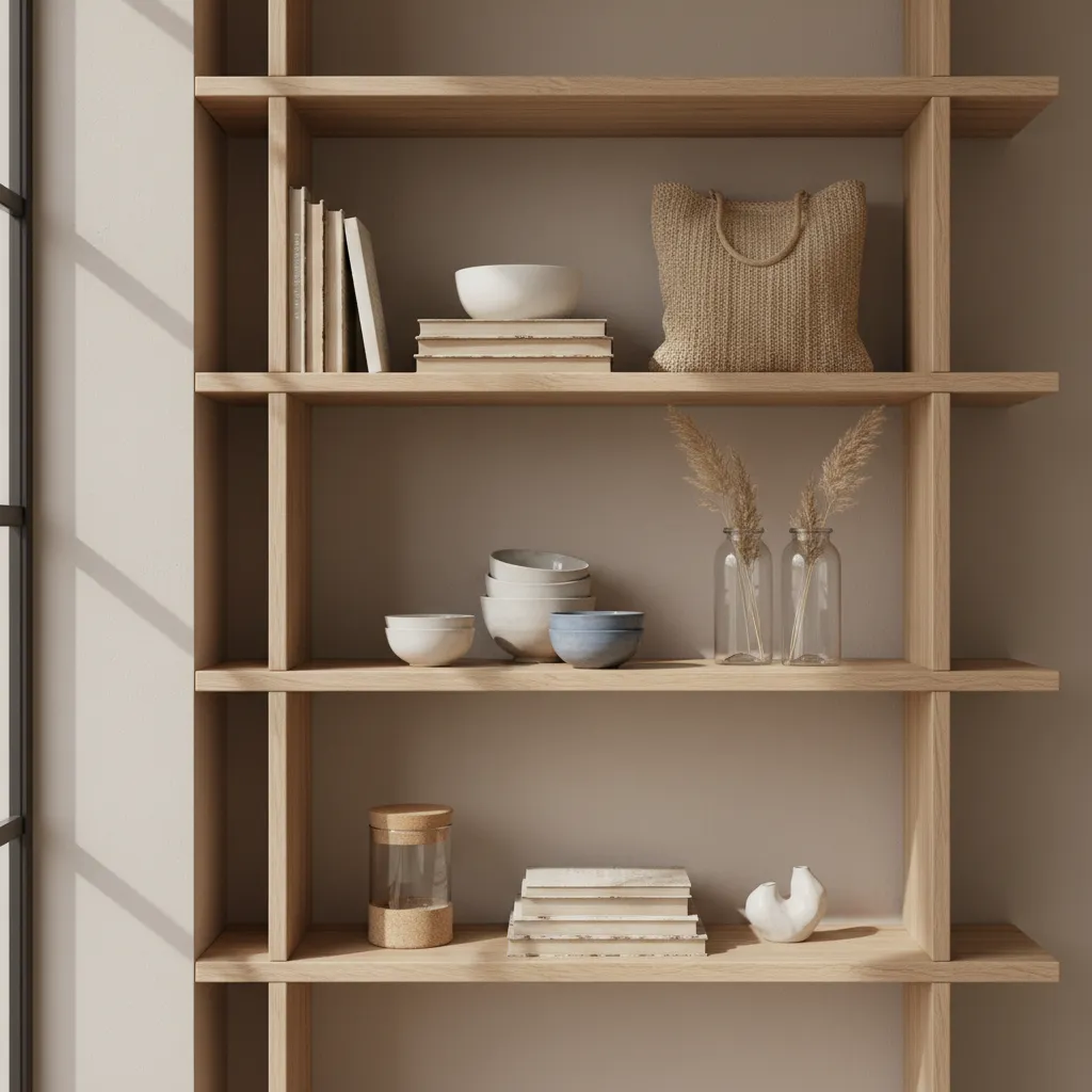 books bowls and woven bags styled as decorative objects on shelves
