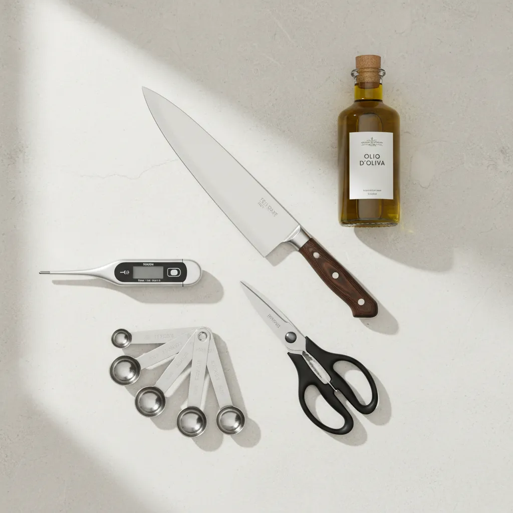 layout of essential everyday kitchen tools on countertop