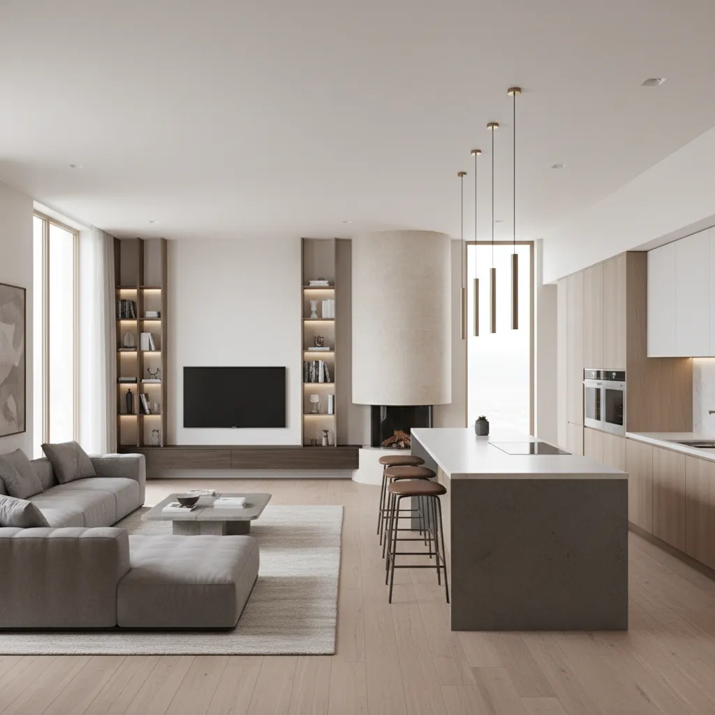 modern open concept living room kitchen layout in residential architecture