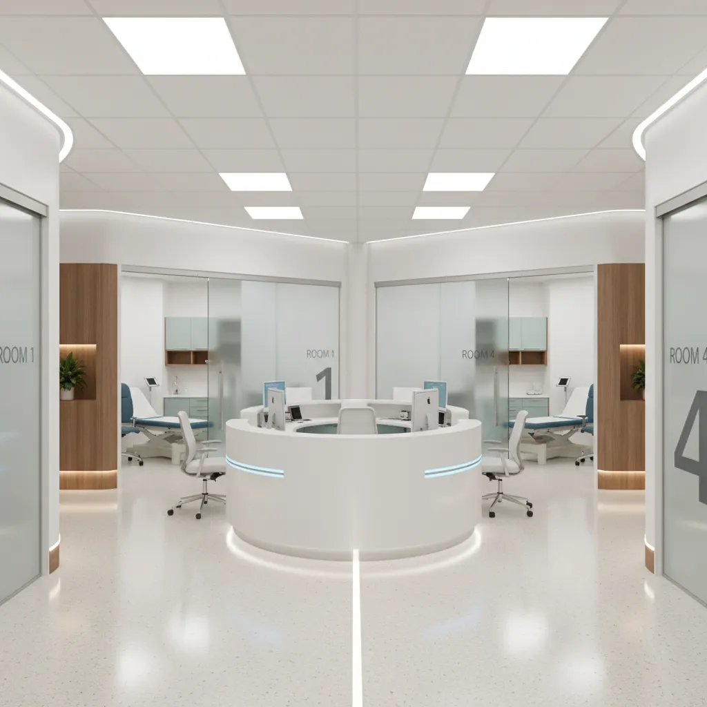 Clustered exam room layout around central nurse station in a medical clinic