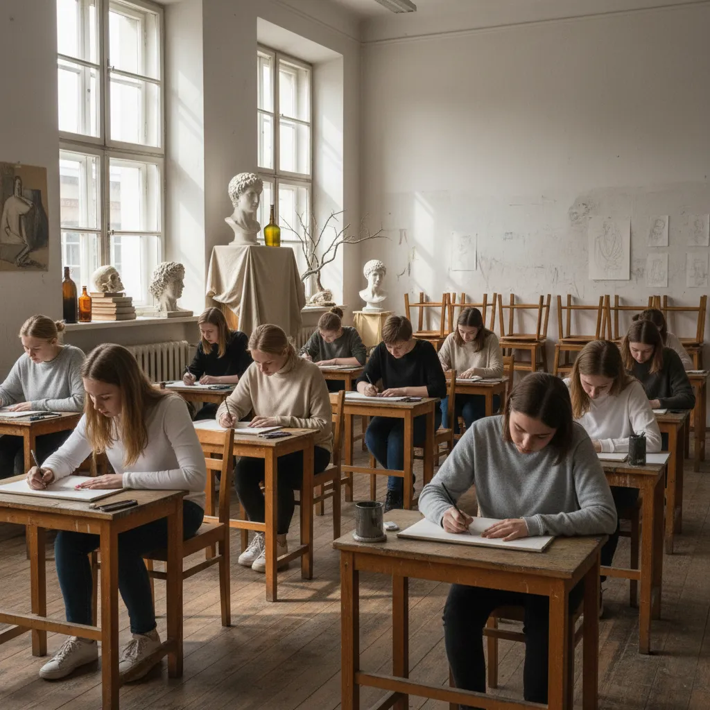 Students sitting at wooden desks drawing in a classic art classroom with plaster head statues