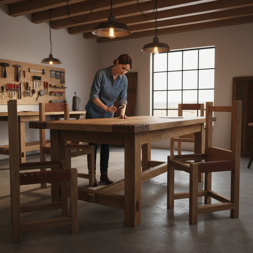 designer inspecting vintage western furniture craftsmanship and wood joinery