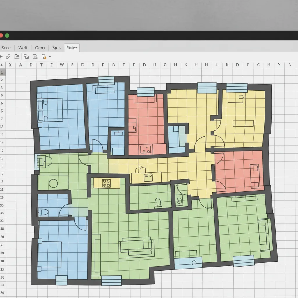 Excel grid with distorted rectangular cells affecting floor plan layout