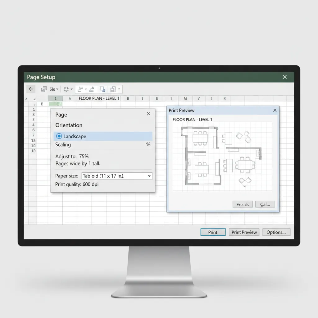 Excel page setup window showing print scaling settings for floor plan
