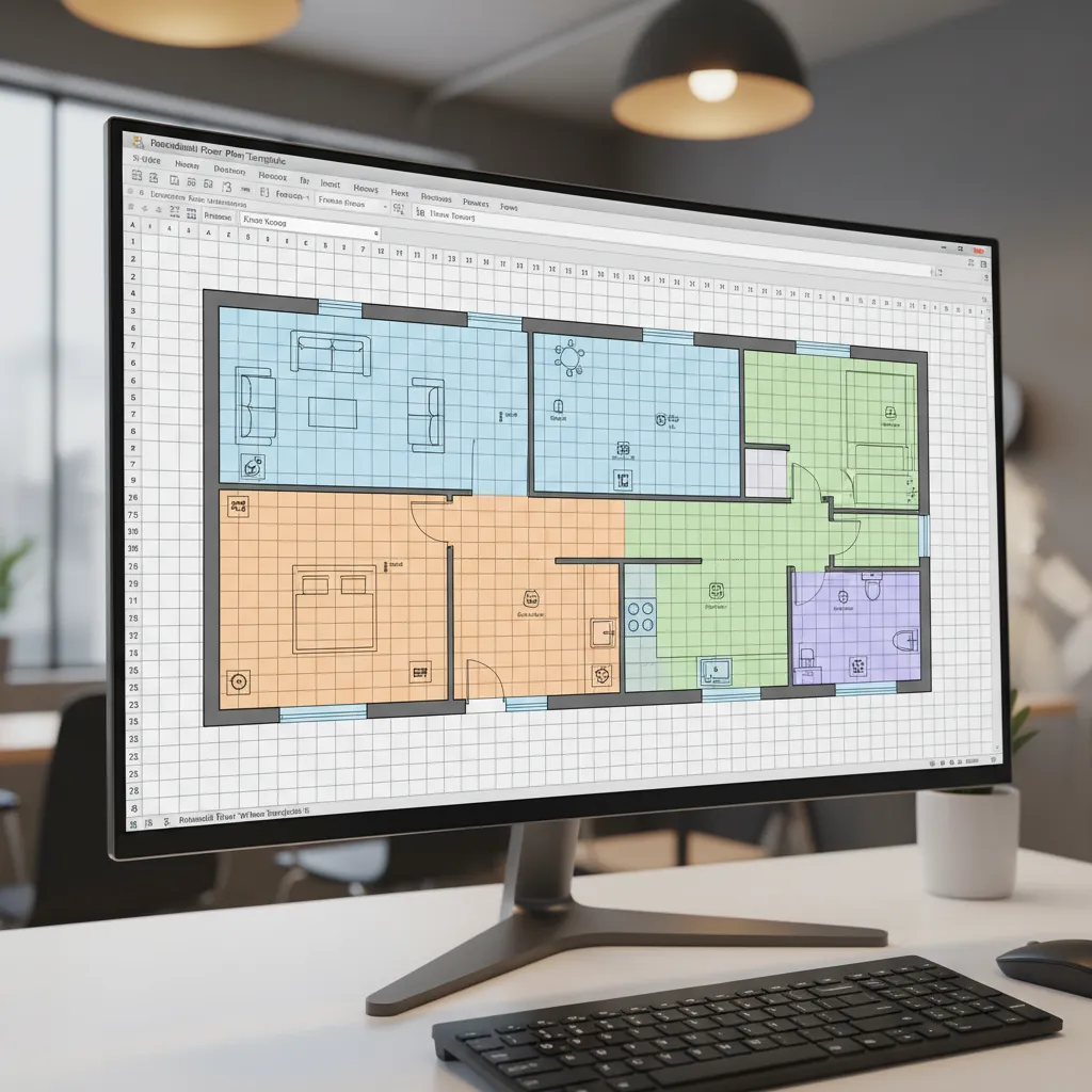 Excel floor plan template with multiple rooms laid out on a grid