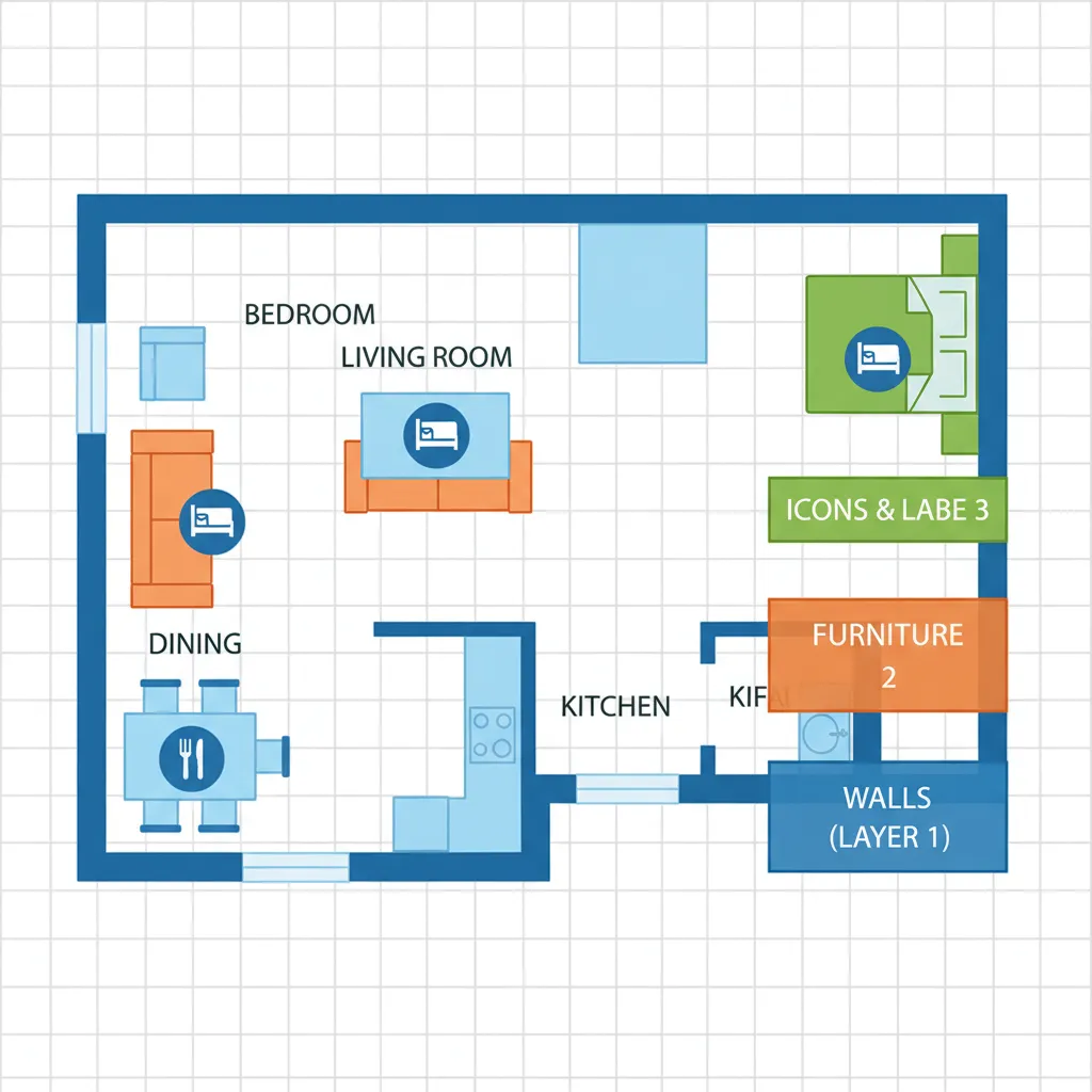 Excel shapes layering example with walls furniture and labels