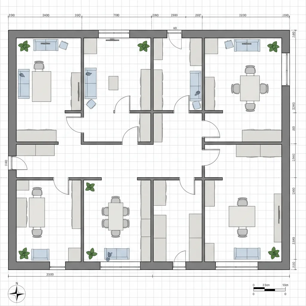 Structured Excel template layout with walls furniture blocks and measurement legend