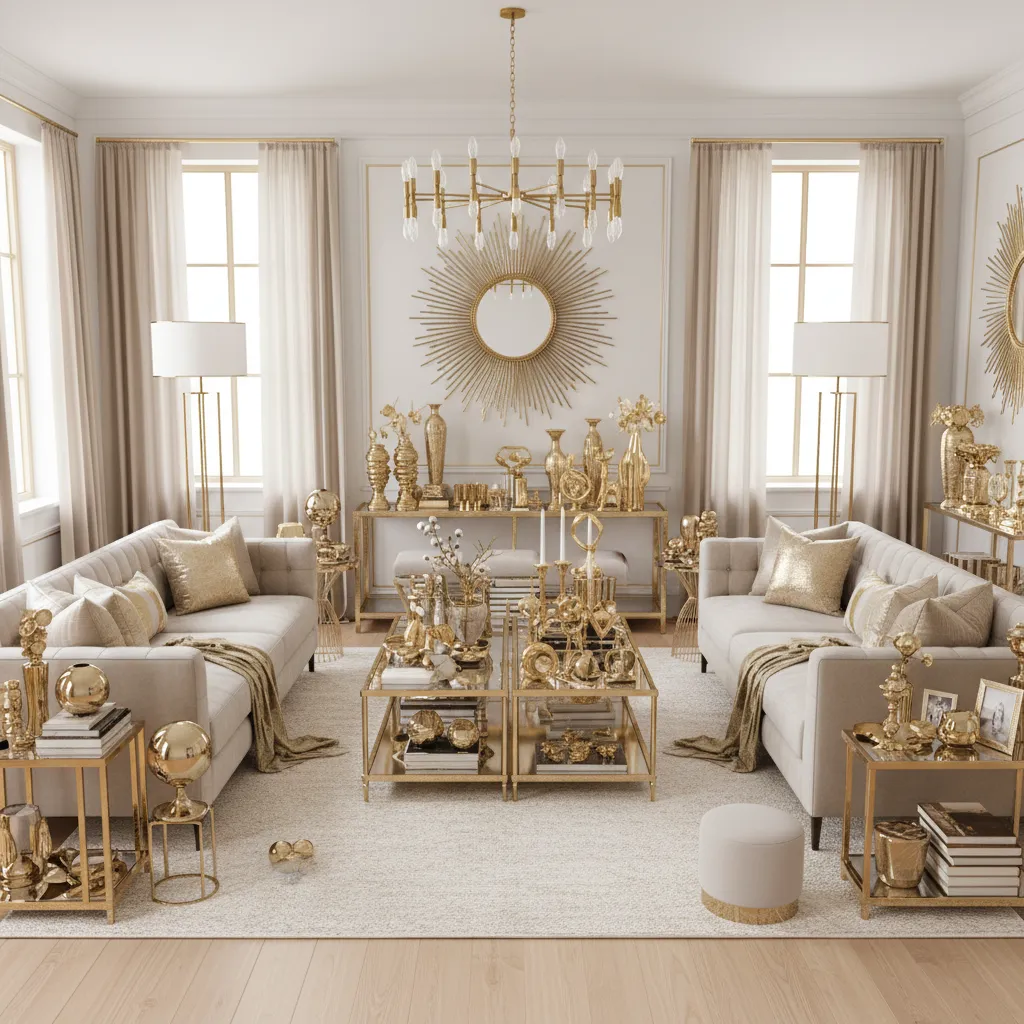 Living room with too many gold decorations creating visual clutter