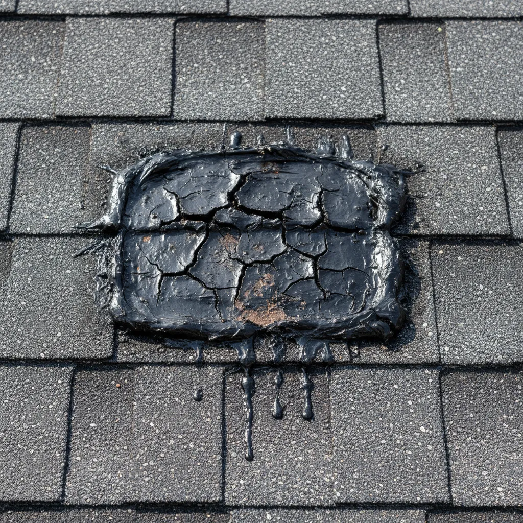 close view of roof shingles covered with excessive roofing tar patch