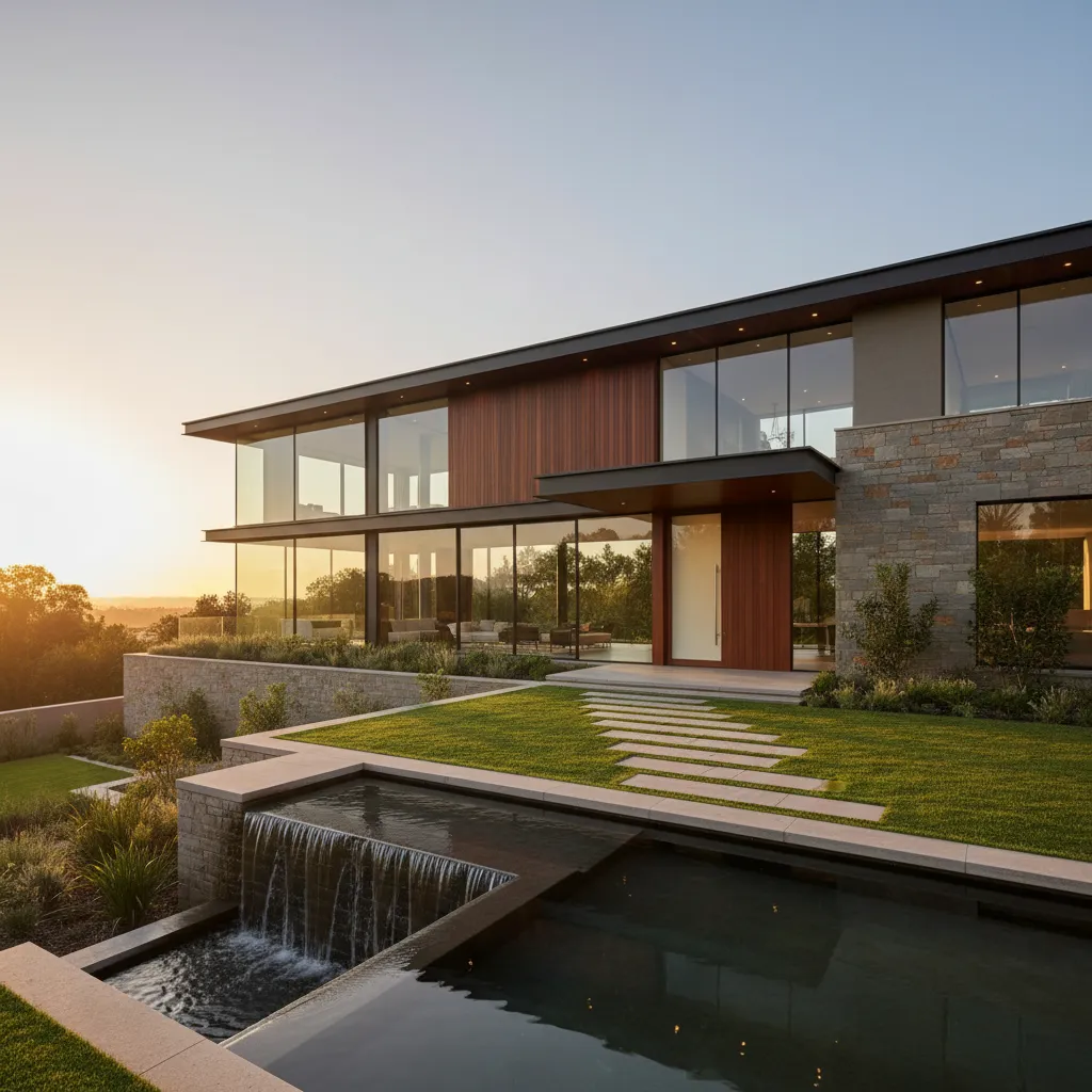 Modern house exterior with glass walls wood panels stone facade green lawn and small pool