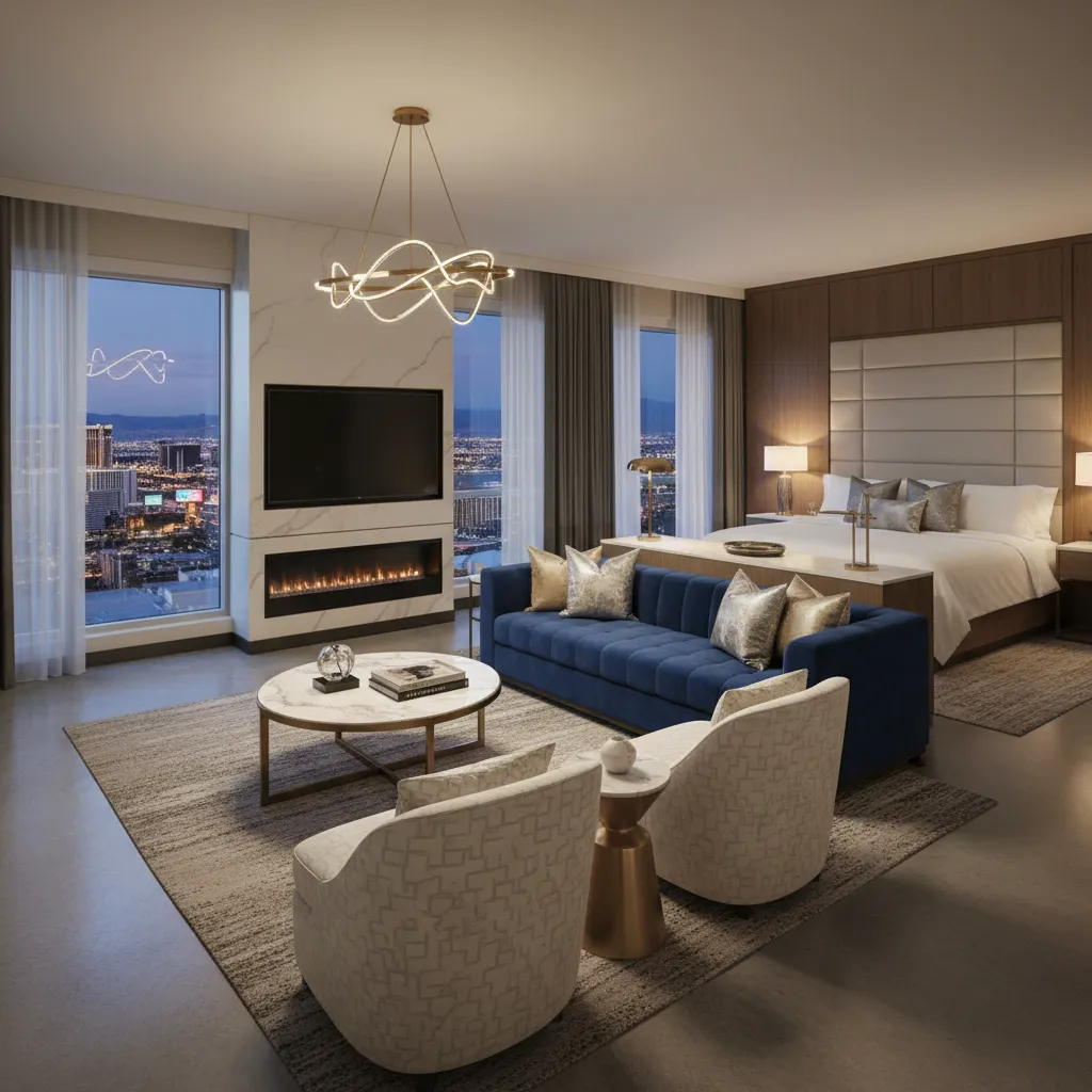 executive king suite style hotel room with defined seating and work area layout