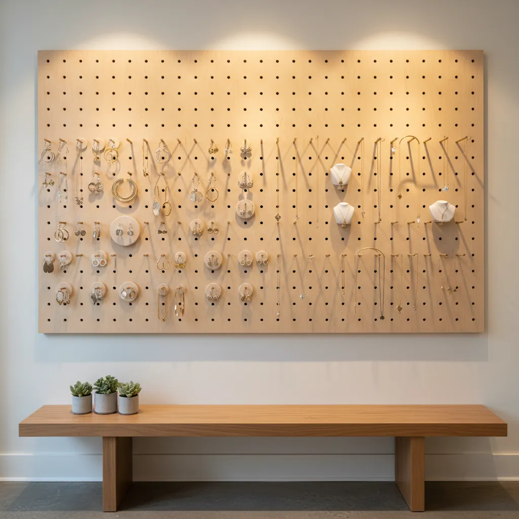 Wooden wall pegboard displaying jewelry necklaces and earrings above a long wooden bench with plants
