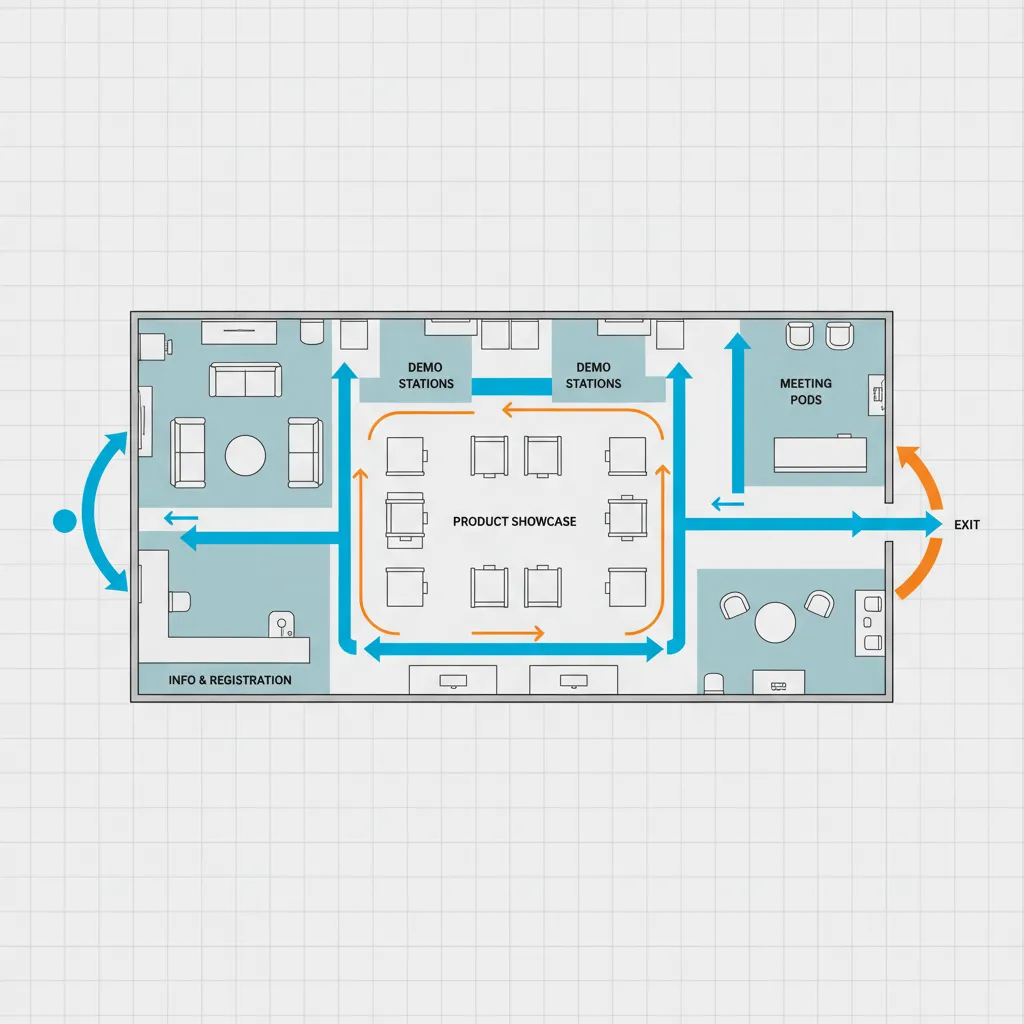 Diagram style exhibition booth visitor flow with U shaped movement path