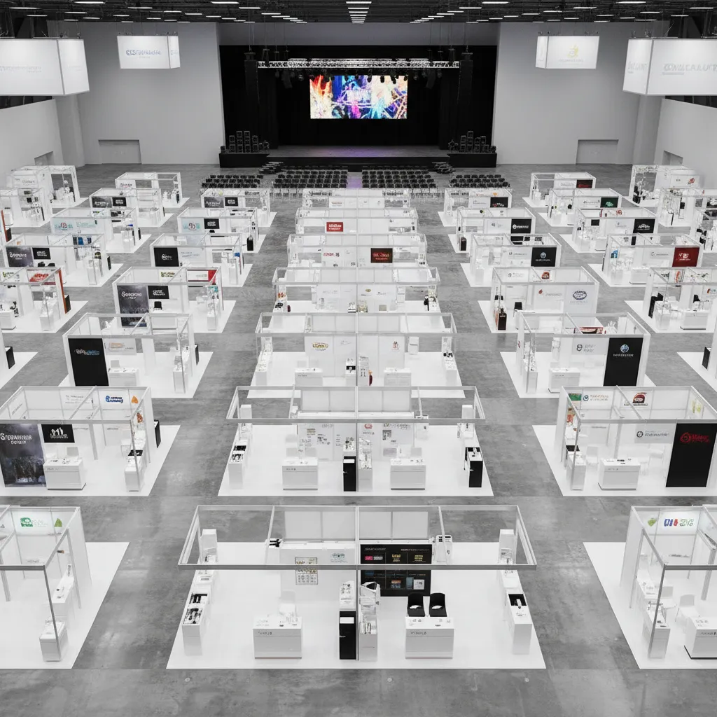 Exhibition hall floor plan with booths stage and wide visitor aisles