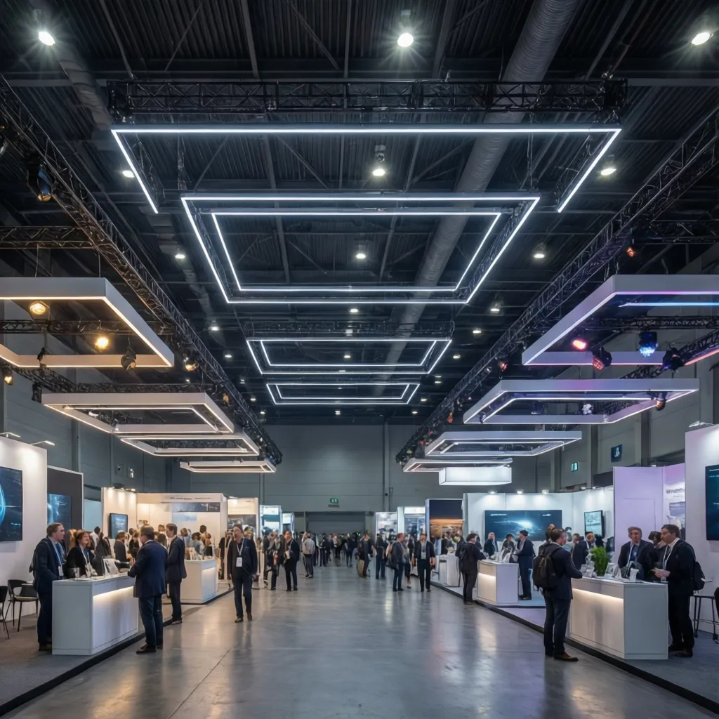 Large exhibition hall with layered ambient and booth lighting