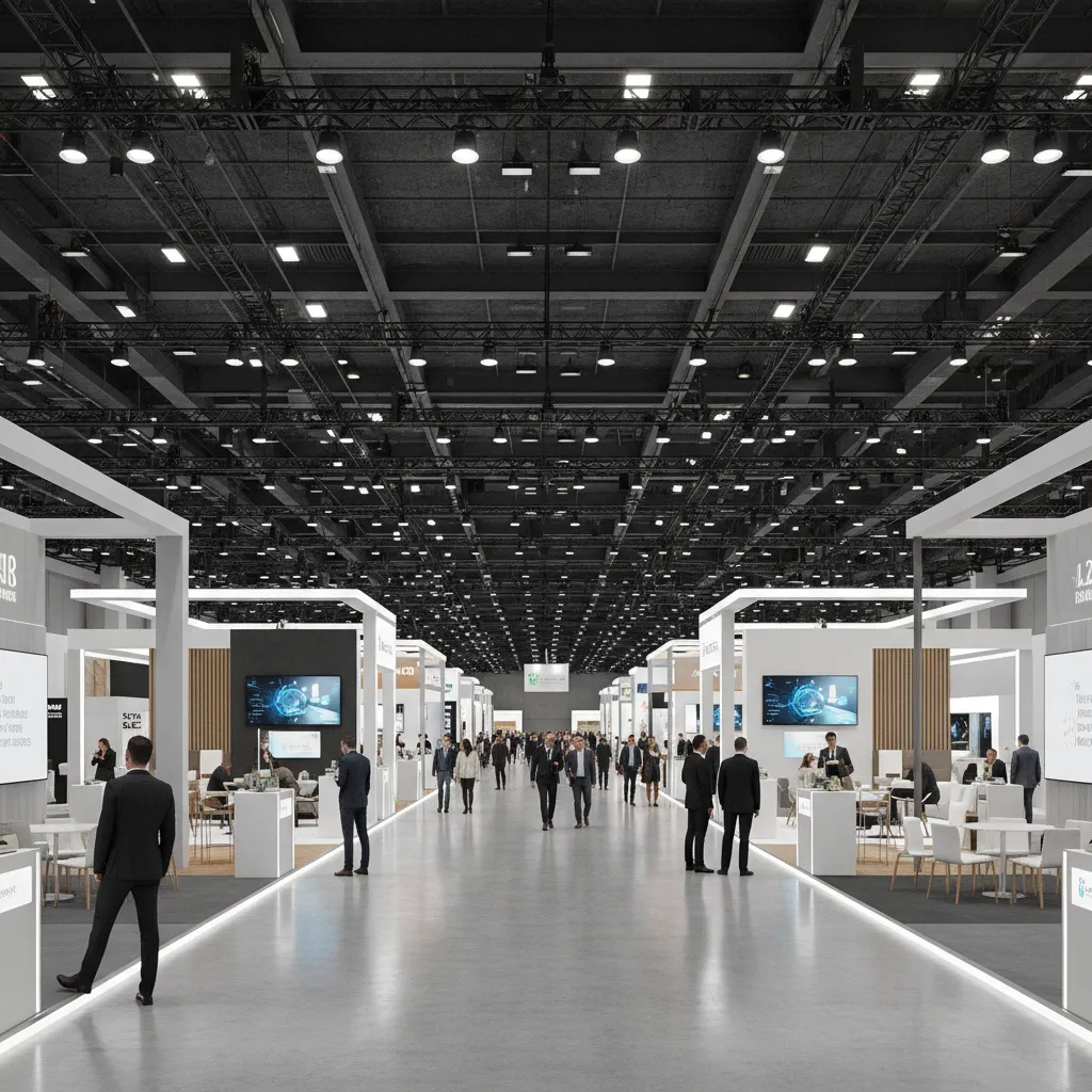 wide perspective of a 3D exhibition hall with booths and visitor walkways