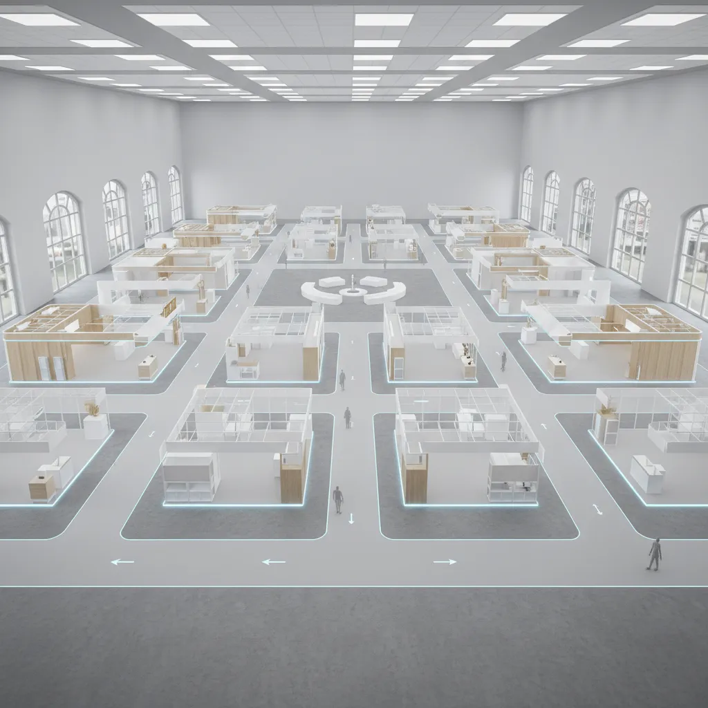 3D exhibition hall layout showing main circulation paths and booth placement